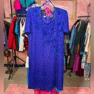 Vtg Indigo Silk Beaded Sequins Dress Size 1X P2P 22-23” Minor Discolouration
